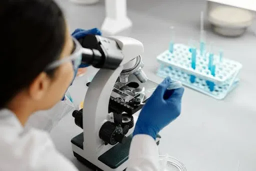 A woman in a lab coat examines a microscope, focused on her research in a laboratory setting.