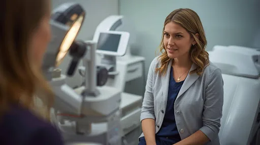 A woman sits in an eye exam room, looking at an eye chart while waiting for her examination.